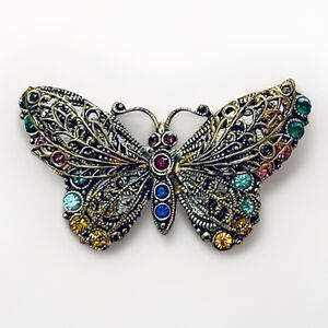 VTG Czech Butterfly Brooch Filigree Multicolor Rhinestones Layered Wings